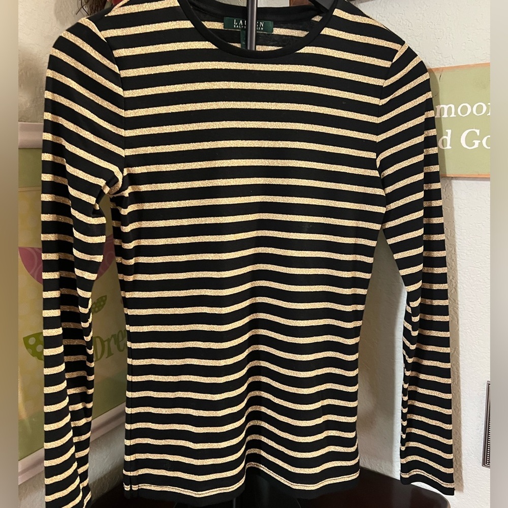 NWOT Ralph Lauren Black and Gold Striped Long Sleeve Shirt #007